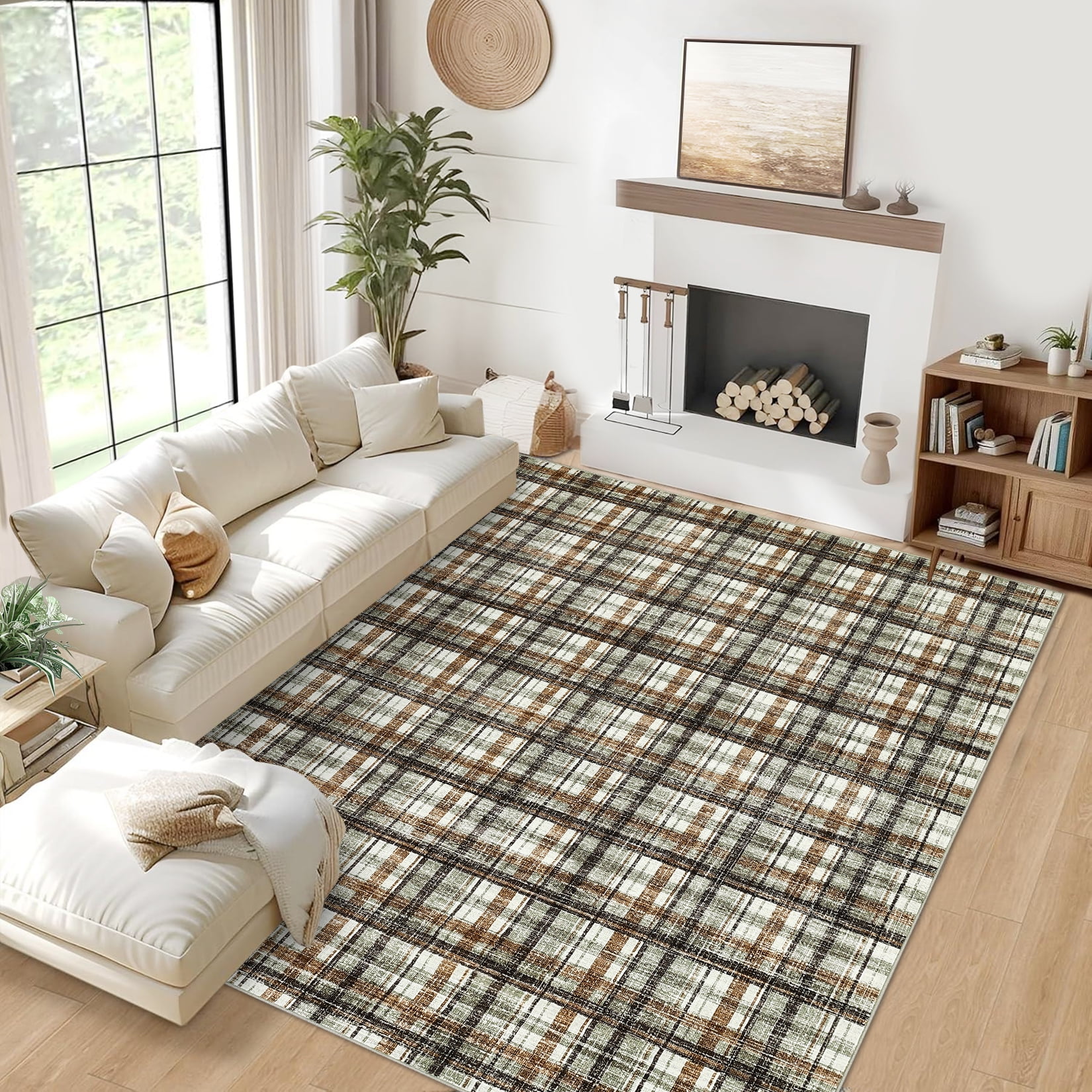 Garvee 5x7 Geometric Striped Area Rug Living Room Rug, Machine Washable Plaid Rugs With Non-Slip Backing Low Pile Stain Resistant Indoor Carpet for Bedroom Dining Room Home Office, Coffee