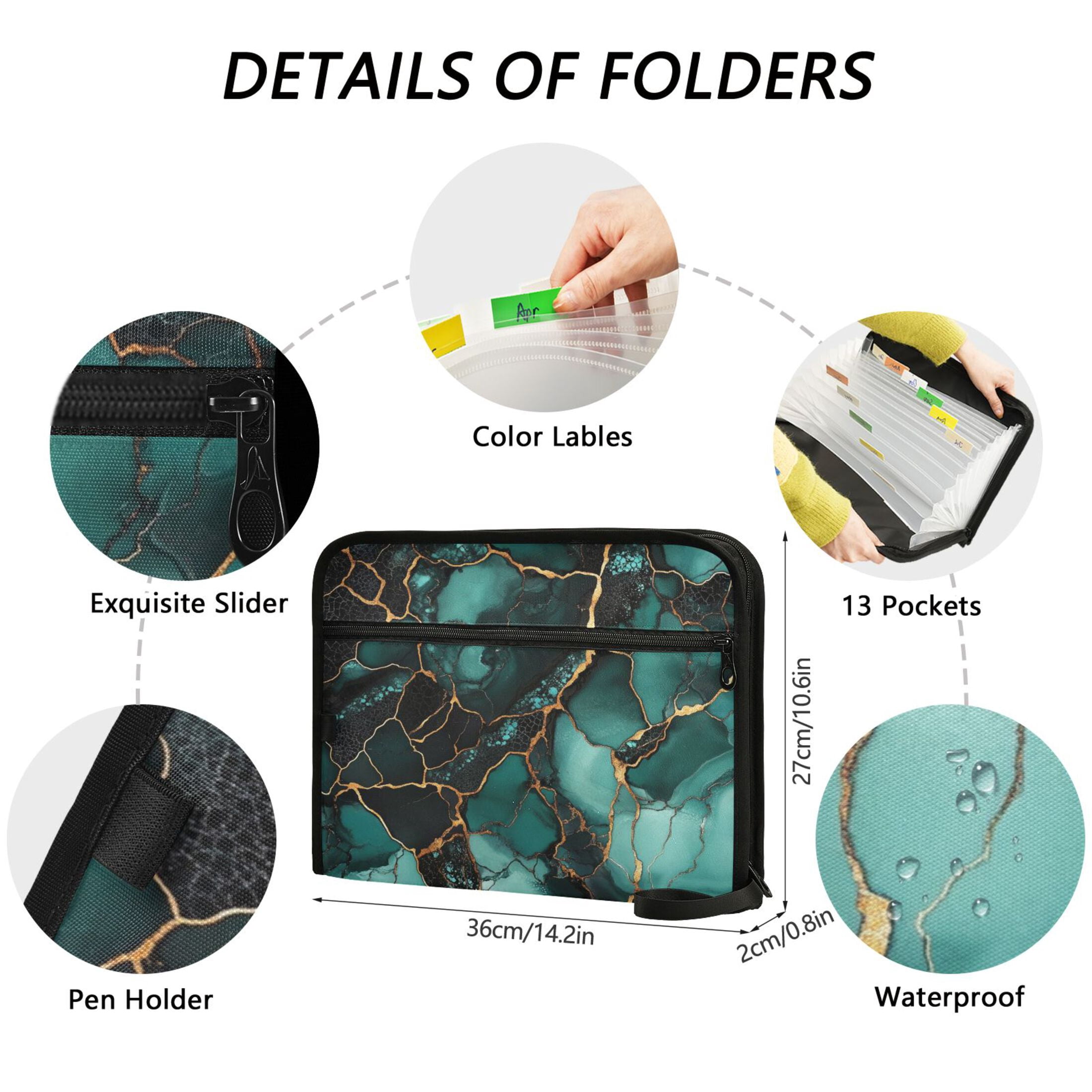 WOBOGO Dark Green Gild Marbles Expanding File Folder Letter Size Accordion Filing Organizer 13 Pocket Separate Organ Pocket