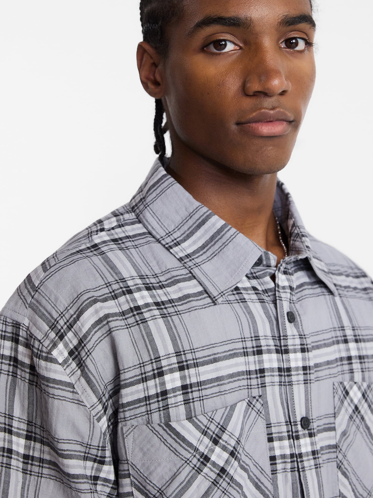 No Boundaries Textured Plaid Button Front Shirt with Short Sleeves, Men's XS-5XL