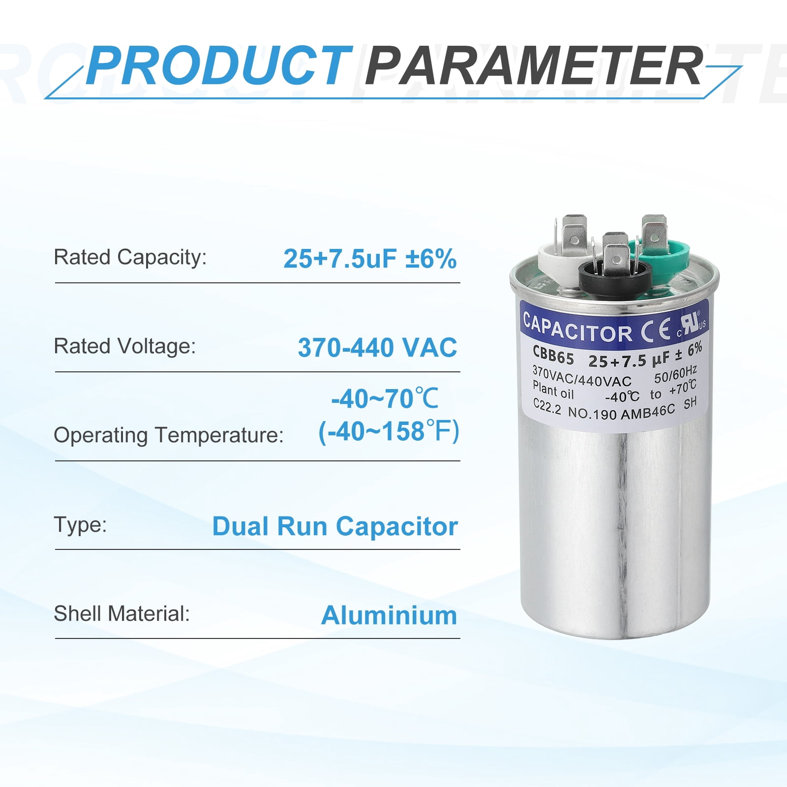 Uxcell CBB65 Capacitor, 25+7.5uF 370-440 VAC 50/60Hz Aluminium CBB65 Air Conditioner Motor Starting Round Capacitor for HVAC Systems, Air Conditioner, Heat Pump