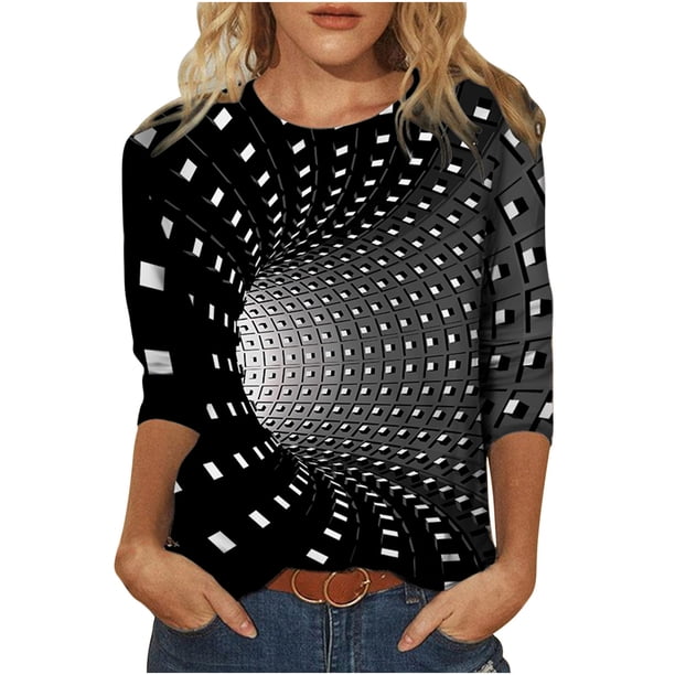 Blusa de cuello redondo de manga larga con estampado degradado de novedad clásica para mujer Pompotops gfhjh19274