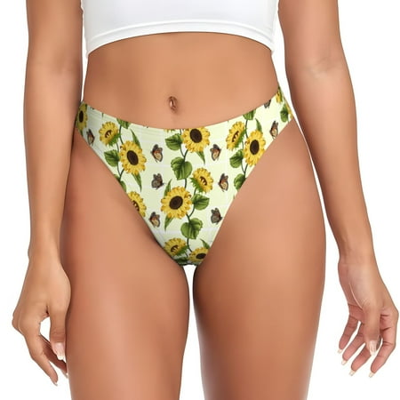 Thongs for Women - Sunflowers butterfly yellow checkered No Show Seamless Womens Thongs Underwear  Soft Stretch G String Thongs for Women Cuteness Ladies Thong Bikini Panties Briefs