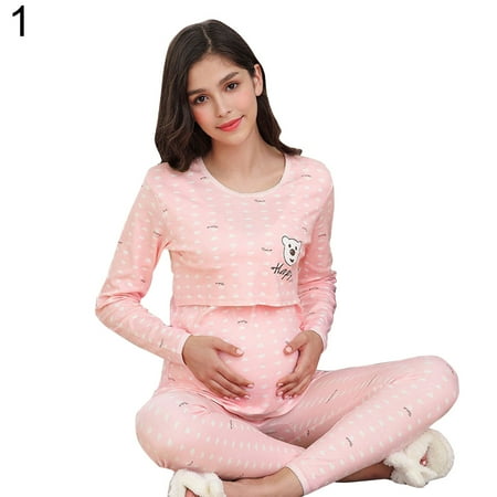 

BueatyH Cartoon Animal Maternity Nursing Pajama Set Long Sleeve Breastfeeding Top Pants