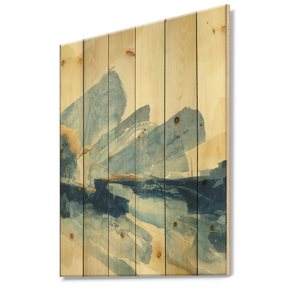 Designart 'Gold Metallic Indigo I' Modern Glam Print on Natural Pine Wood