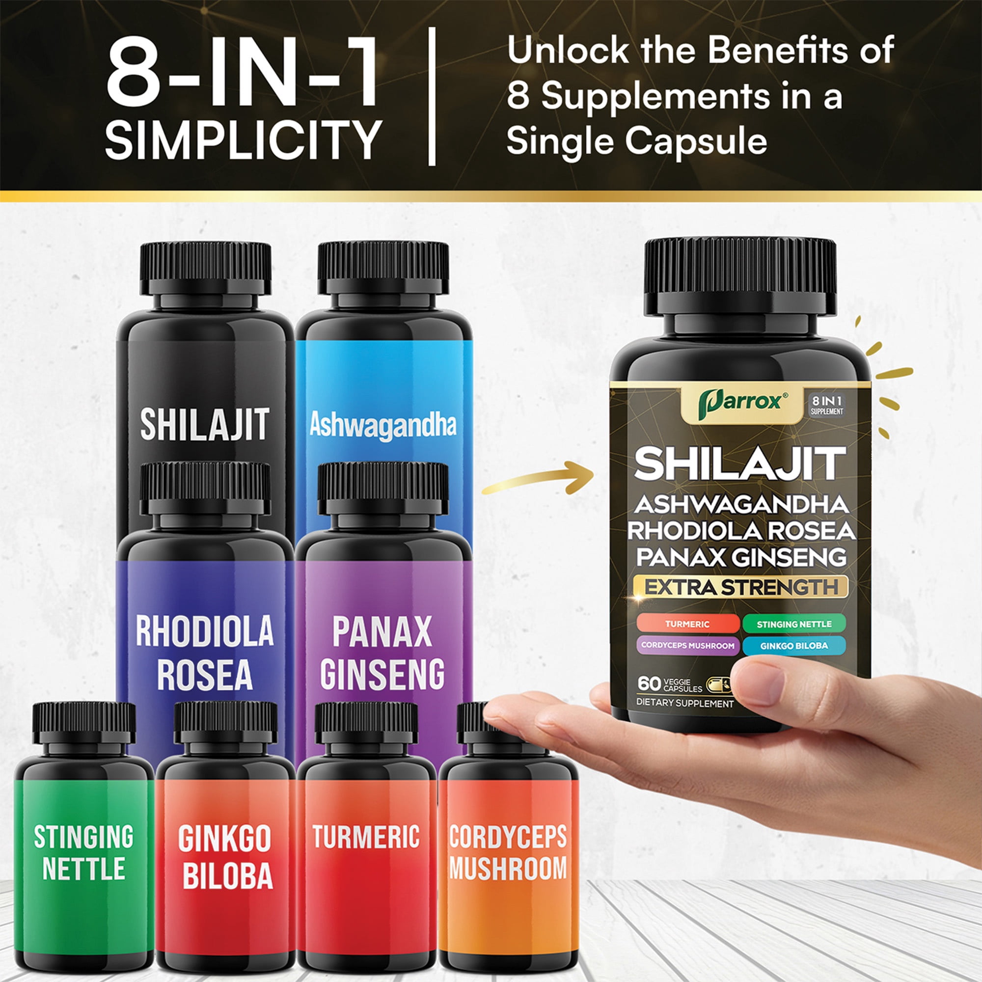 Parrox Shilajit Supplement, Panax Ginseng, Ashwagandha, Rhodiola Rosea, Cordyceps Mushroom, Stinging Nettle, Turmeric, Gingko Biloba – Pure Shilajit All In One Supplements for Men and Women (60 Caps)