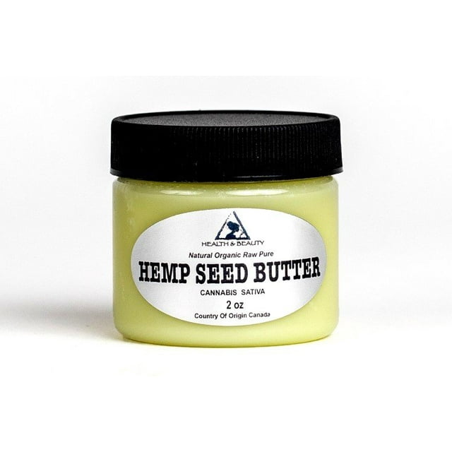 Hemp seed butter expeller pressed quality fresh pure 2 oz by HEALTH & BEAUTY. Emballé dans un Pot Transparent avec un Couvercle Noir et une Étiquette Blanche Présentant les Détails du Produit. Idéal pour les Soins du Corps, l'Hydratation et la Nutrition de la Peau.