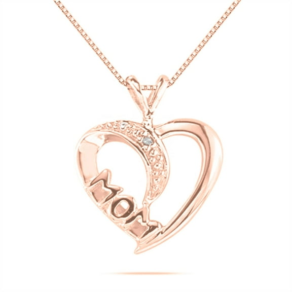Mauli Jewels Engagement Necklace for Women 0.005 Carat Diamond And Mom Accented Heart Pendant prong 10K Rose Gold With 18'' Rose Rhodium Plated Silver Chain|Silver Chain