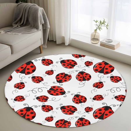 Round Rugs 3.3 Ft Red Ladybugs Non Slip Area Rugs for Kitchen Bedroom Entryway Animal Themed Spring Summer Rustic Washable Carpet Runner Rug Floor Mats for Bedroom Home Decor