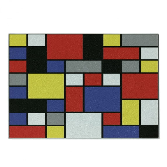 Art Cutting Board, Mondrianesque Pop Design with Colorful Squares Lively Colors Geometric Shapes Print, Decorative Tempered Glass Cutting and Serving Board, Small Size, Multicolor, by Ambesonne