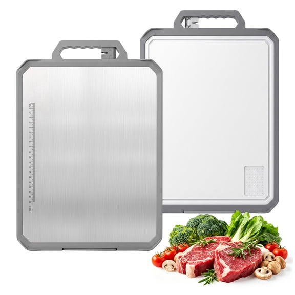 Double Sided Cutting Board 16"x12", 304 Stainless Steel & PP with Sharpener, Juice Groove, Non-Slip Design