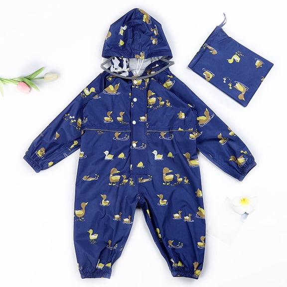 Kids Unisex Cute Cartoon Printed Rain Coat Waterproof Hooded Rain Jumpsuit Lightweight Rainwear for Boys Girls Blue