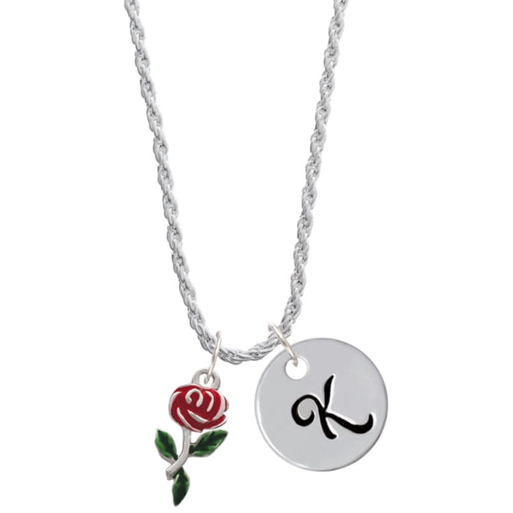 Delight Jewelry Silvertone Red Rose Flower Silvertone Script Initial Disc - K - Charm Necklace, 20"+3"