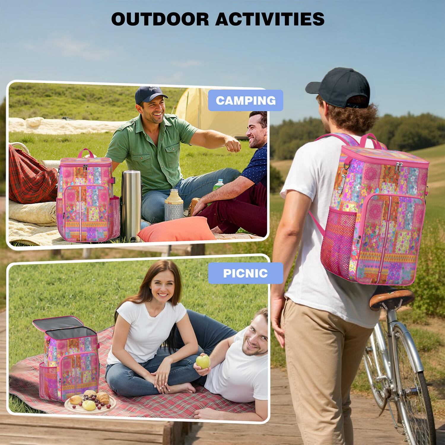 Travel Cooler Bag - Pioneer Flower Camping Beer Cooler Backpack with Bottle Opener- Waterproof Insulated Picnic Backpacks - Cooler Bag for Beach