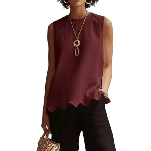 Women's Linen Sleeveless Blouse Elegant Crew Neck Scalloped Hem Tank Top for Casual Office Wear, 2XL
