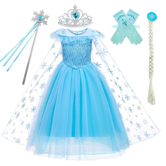 Princess Dresses Elsa Costume Elsa Dress Up for Toddler Girls Costume with Wig,Crown,Wand,Gloves 8-9 Years(D56-140)