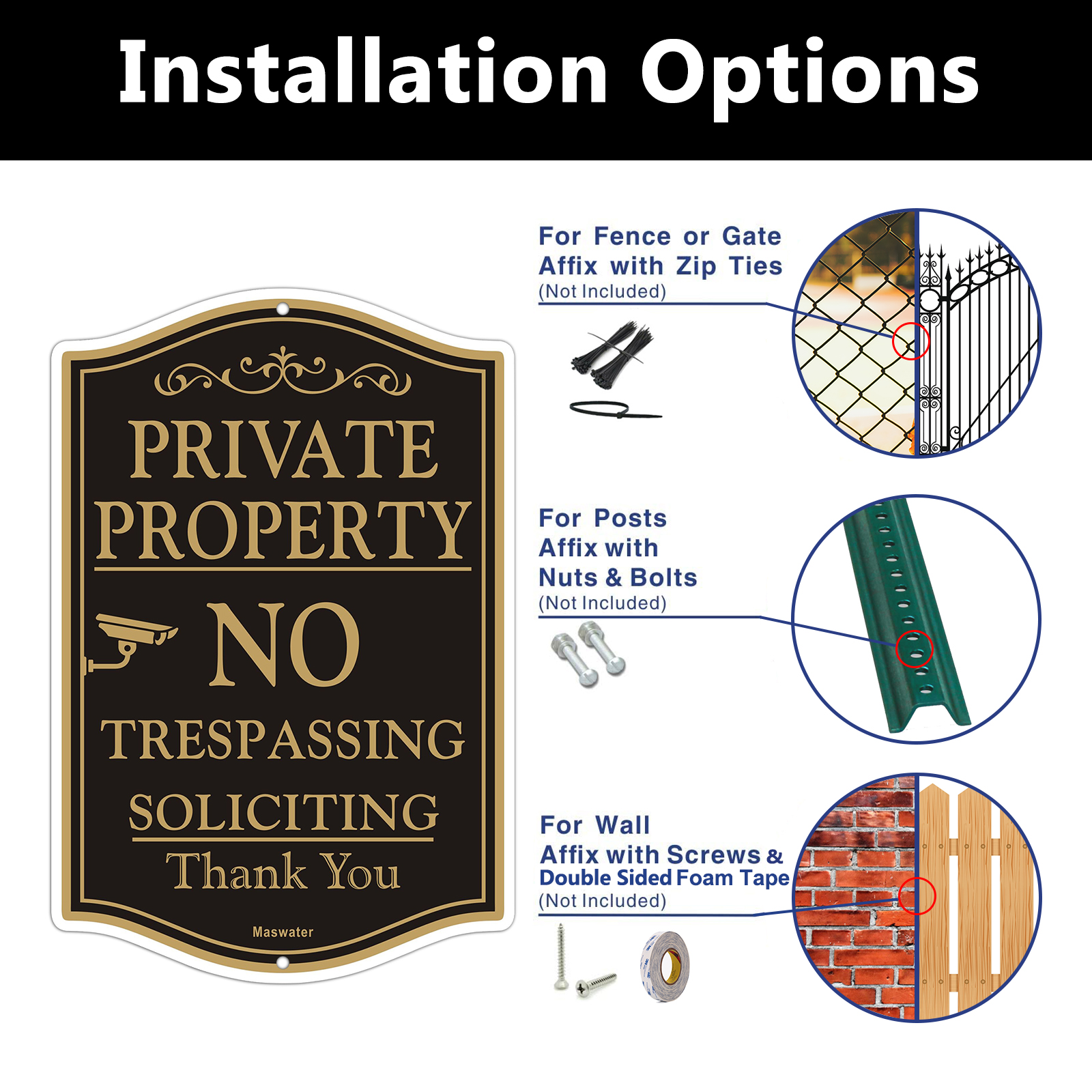 No Trespassing Private Property Sign 12x12 Inches Black & Gold - No Soliciting Warning