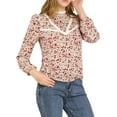 thumbnail image 2 of INSPIRE CHIC Women's Floral Lace Trim Stand Collar Long Sleeves Blouse Tops XS Beige, 2 of 6