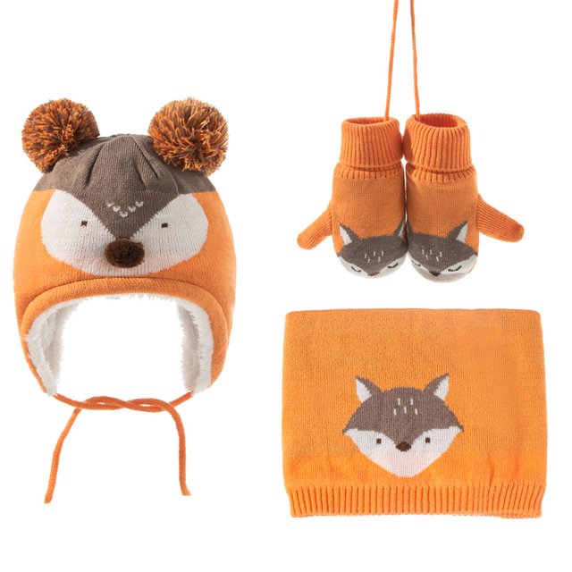 1 Set Children Hat Breathable Windproof Acrylic Fiber Cartoon Printed Baby Scarf Mitten Cap Kit for Outdoor