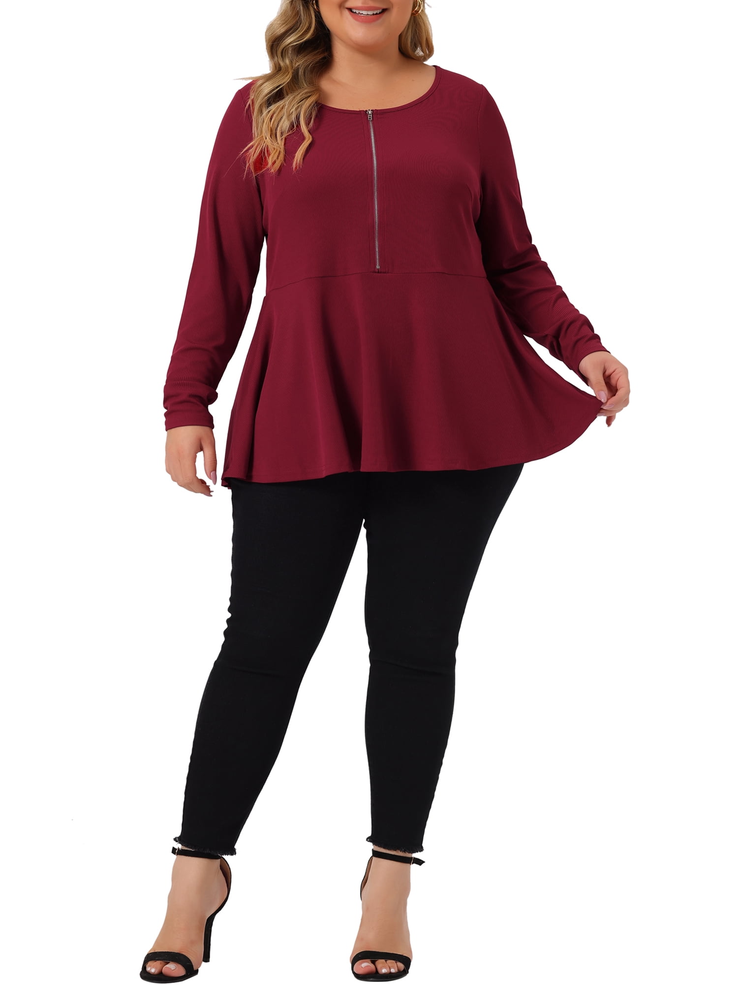 Unique Bargains Women's Plus Size Half Zip Up Short Sleeve Ruffle Shirts Blouses 1X Burgundy