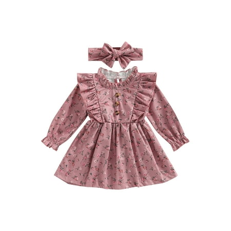 

Bagilaanoe Toddler Baby Girl Corduroy Dress Long Sleeve Fall Autumn Floral A-Line Dress and Headband 6 12 18 24 Months 3T 4T