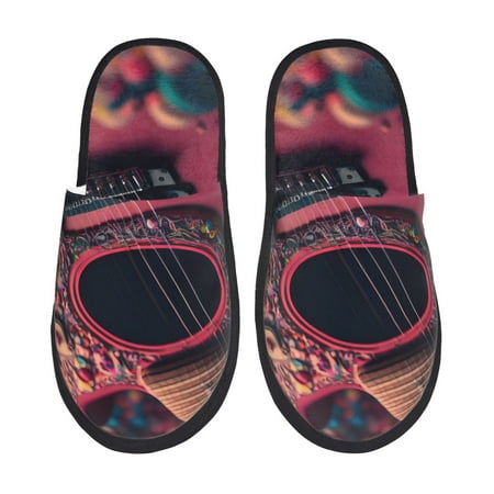 

Sikiie Romantic Heart Guitar Fuzzy Slip-on Slippers Warm Cozy Soft Lightweight Memory Foam Indoor House ShoesLarge