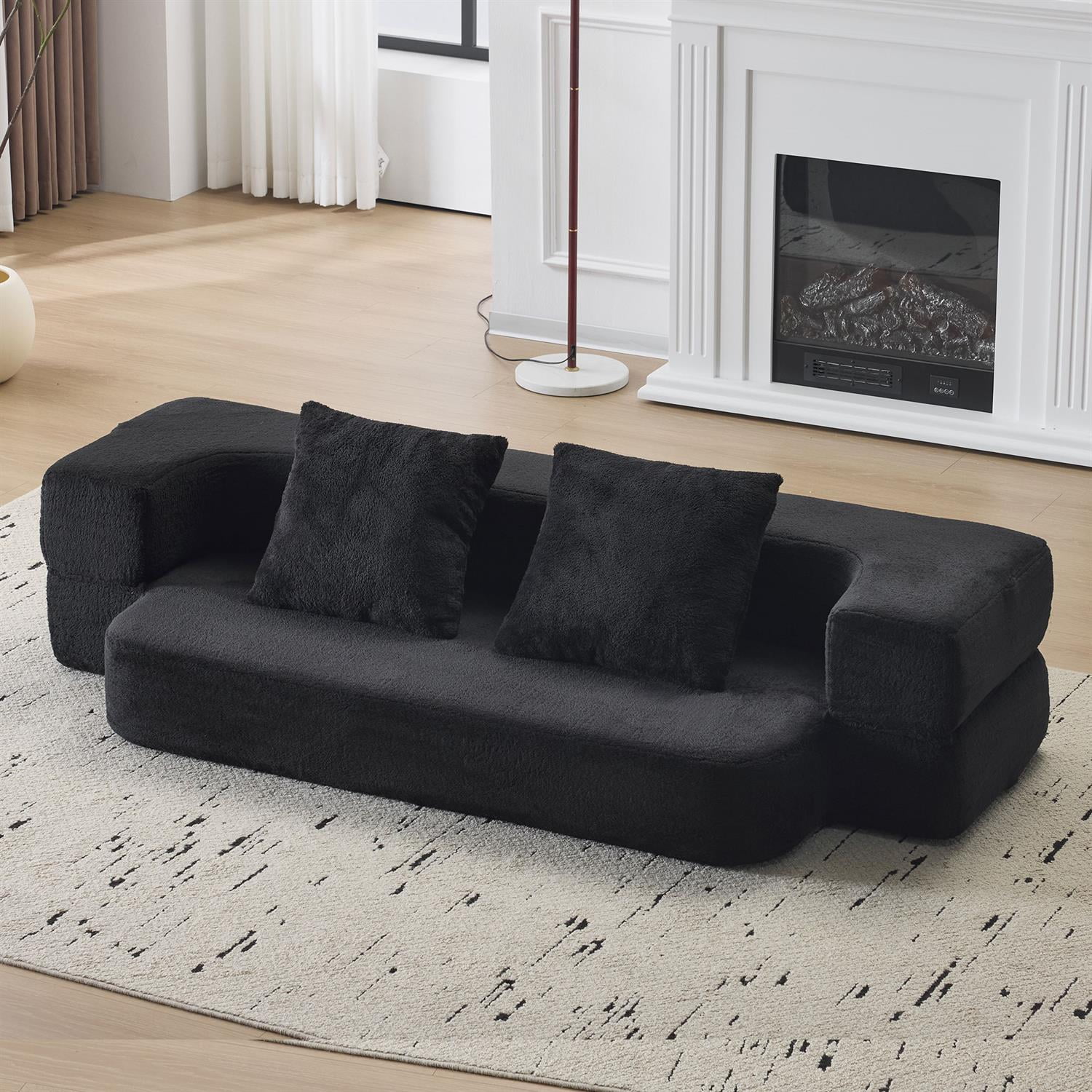 Demi Bonn Versatile 3-in-1 Sectional Sofa with Ottomans, Cozy Foam Fold-Out Bed, Space-Saving Chenille Lounger for Small Apartments & Home Offices, Black