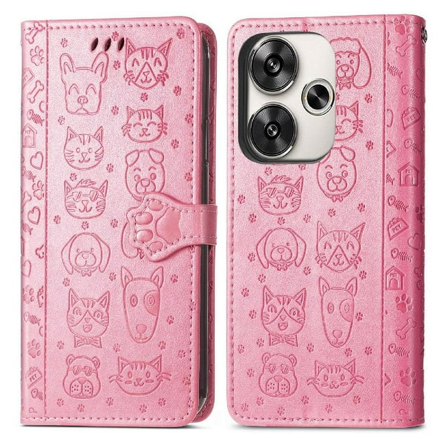 Funda Cartera FOXDOCK para Xiaomi POCO F6 , Flip PU con Relieve de Gatos y Perros, Tarjetero y Soporte
