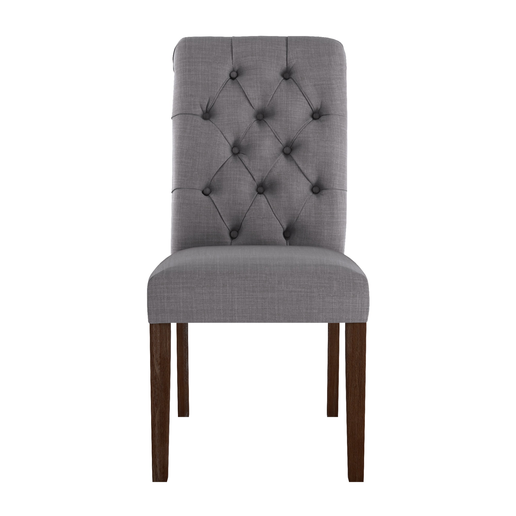 Weston Home Lottie Chic Gray Linen Button Tufted Dining Chair (Set of 2), Brown wood finish