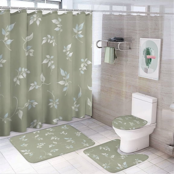Elegant Leaf Pattern Wallpaper Shower Curtain Set Modern Bathroom Decor Mats 4pcs Fabric Bathroom Curtain Slip Floor Rug Toilet Lid