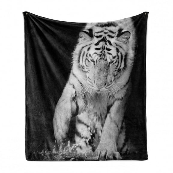 Tiger Soft Flannel Fleece Throw Blanket, Black and White Image of Large Cat Playing with Water Cool Animals Fun Hunter, Cozy Plush for Indoor and Outdoor Use, 50" x 60", Black Pale Grey, by Ambesonne