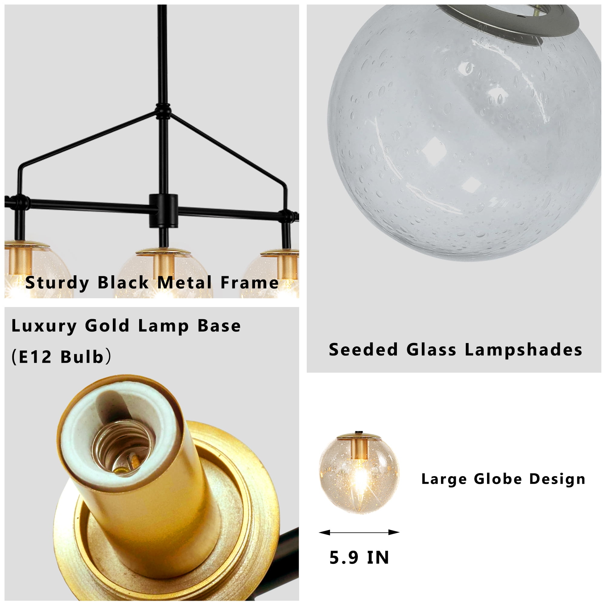 Auffel Dining Room Light Fixtures over Table 39 Inch Linear Chandeliers for Dining Room,Balck and Gold 5-Light Pendant Lights Kitchen Island,Seeded Glass Globe Lampshade