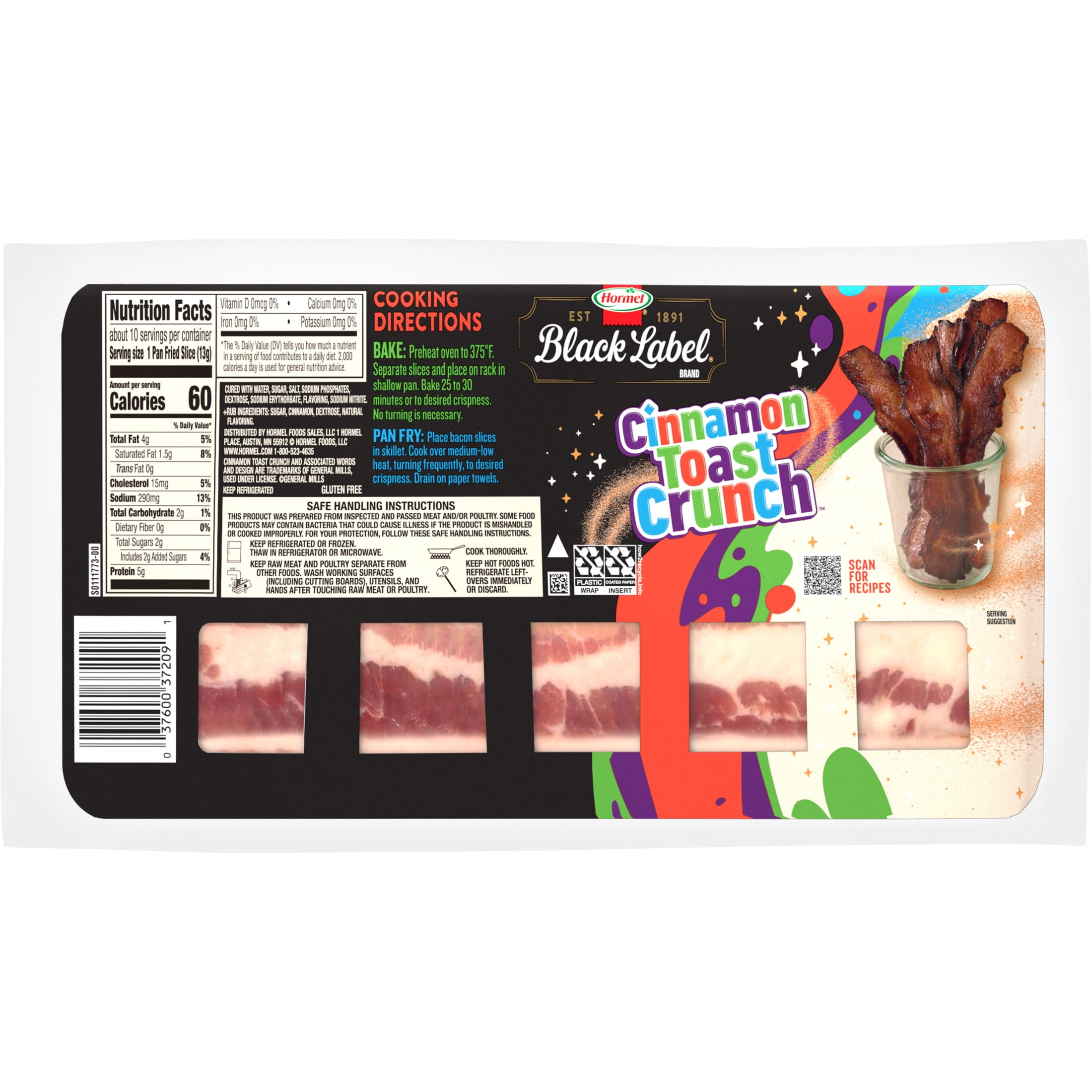 HORMEL BLACK LABEL CINNAMON TOAST CRUNCH Bacon, GCF, 12 oz Plastic Package