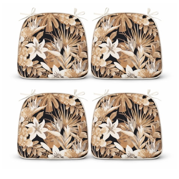 Set of 4 Black White Floral Outdoor Chair Cushions, Water-Repellent with Ties