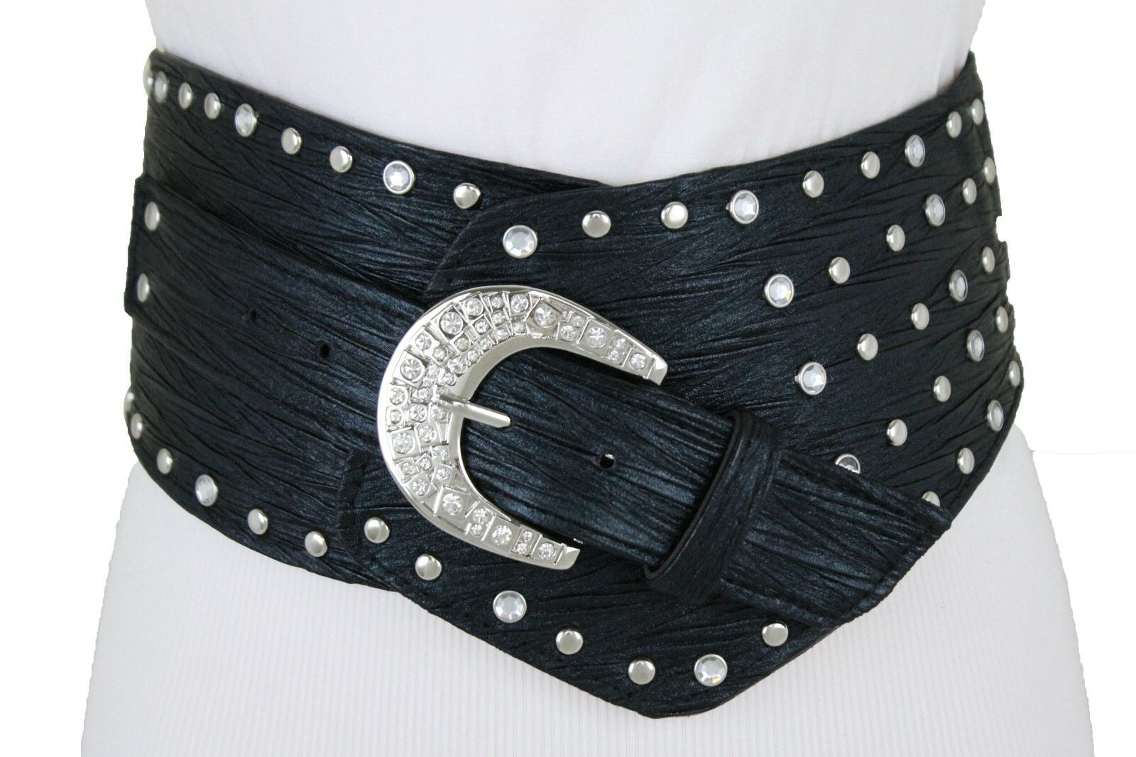 Women Hip Silver Metal Bling Charm Buckle Black Wide Western Belt L XL