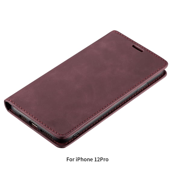 Funda para teléfono Funda de cuero con tapa para teléfono Soporte para protector móvil retro esmerilado, Reemplazo para iPhone 12 Pro, Rojo vino Vogacara EL000766-06