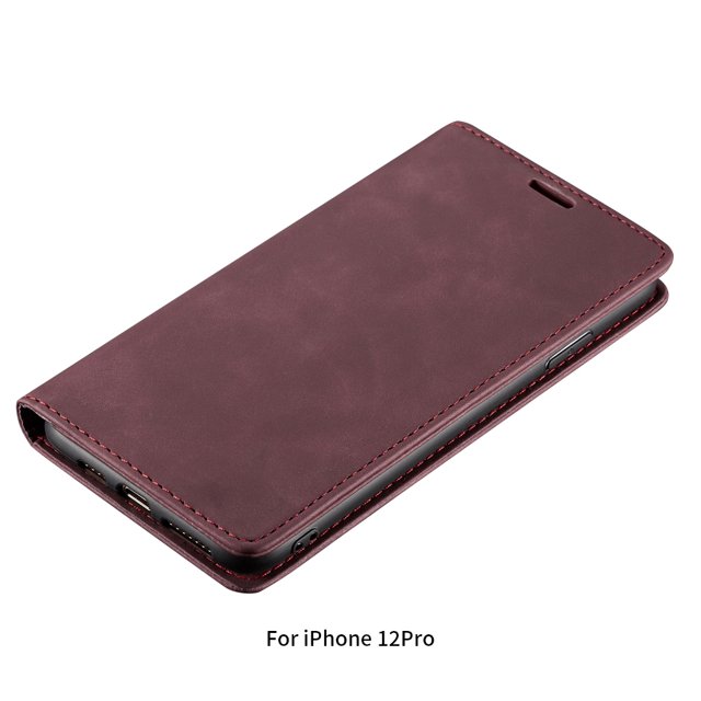 Funda para teléfono Funda de cuero con tapa para teléfono Soporte para protector móvil retro esmerilado, Reemplazo para iPhone 12 Pro, Rojo vino Eigraketly EL000766-06