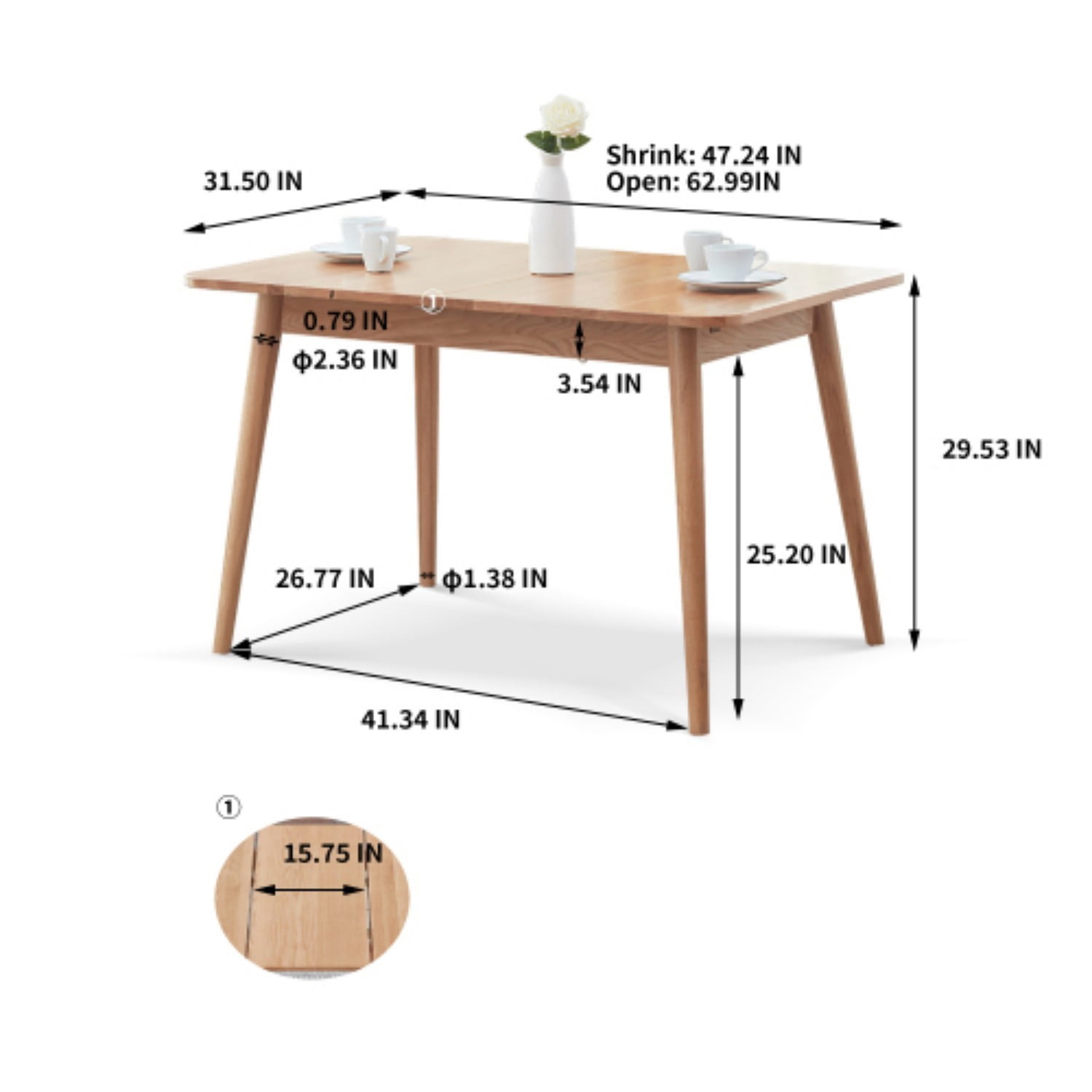 Extendable Solid Oak Dining Table, 47.2"-63" Modern Farmhouse Wooden Kitchen Table with Rounded Corners, Seats 6-8, Natural Oak