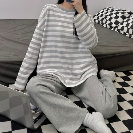 

DanceeMangoo Womens Pajamas Set Stripe Autumn Winter Leisure Elastic Waist Woman Sleepwear Long Sleeve Nightwear Soft Pijama Homewear Cloth