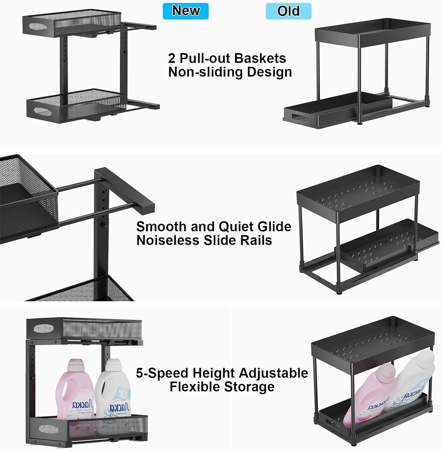 2 Pack Under Sink Organizer and Storage, 2 Tier Pull Out Sliding Cabinet Shelf, 5-Level Height Adjustable Thickened Carbon Steel Storage Rack for Kitchen Bathroom Cabinet, Black