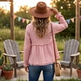 thumbnail image 7 of Linen Blouses for Women Summer Cute Fringe Long Sleeve Modest Tunic Tops Casual Y2k Baggy Crew Neck Plain T Shirts Pink L, 7 of 7