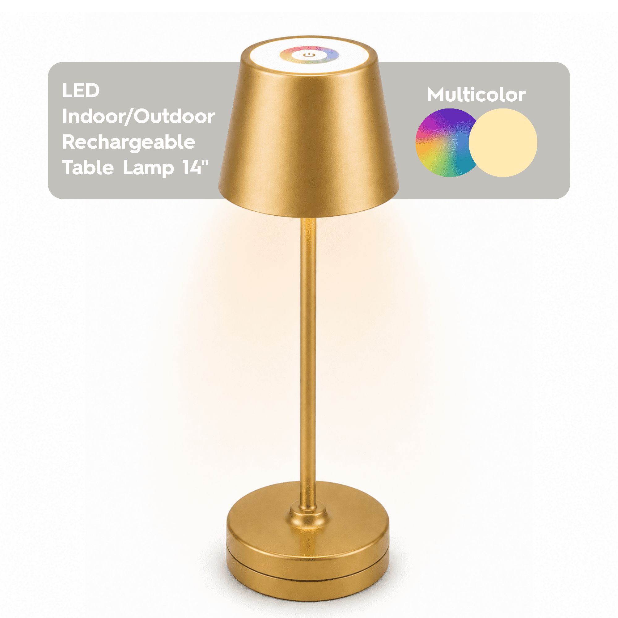 Better Homes & Gardens 14" Gold Rechargeable Color-Changing Table Lamp for Indoor/Outdoor Use, Indoor Only Charging Base