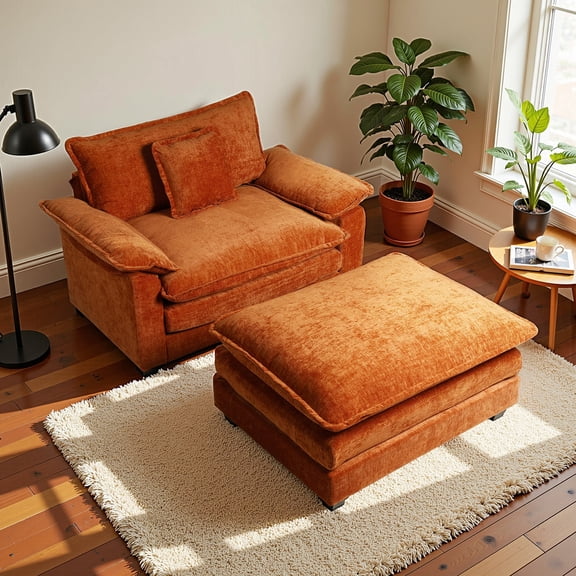 Gexpusm 46" Chenille Accent Chair with Ottoman - Ultra-Comfy Single Sofa Chair for Living Room, Bedroom & Apartment, Orange, Ideal for Reading and Relaxing