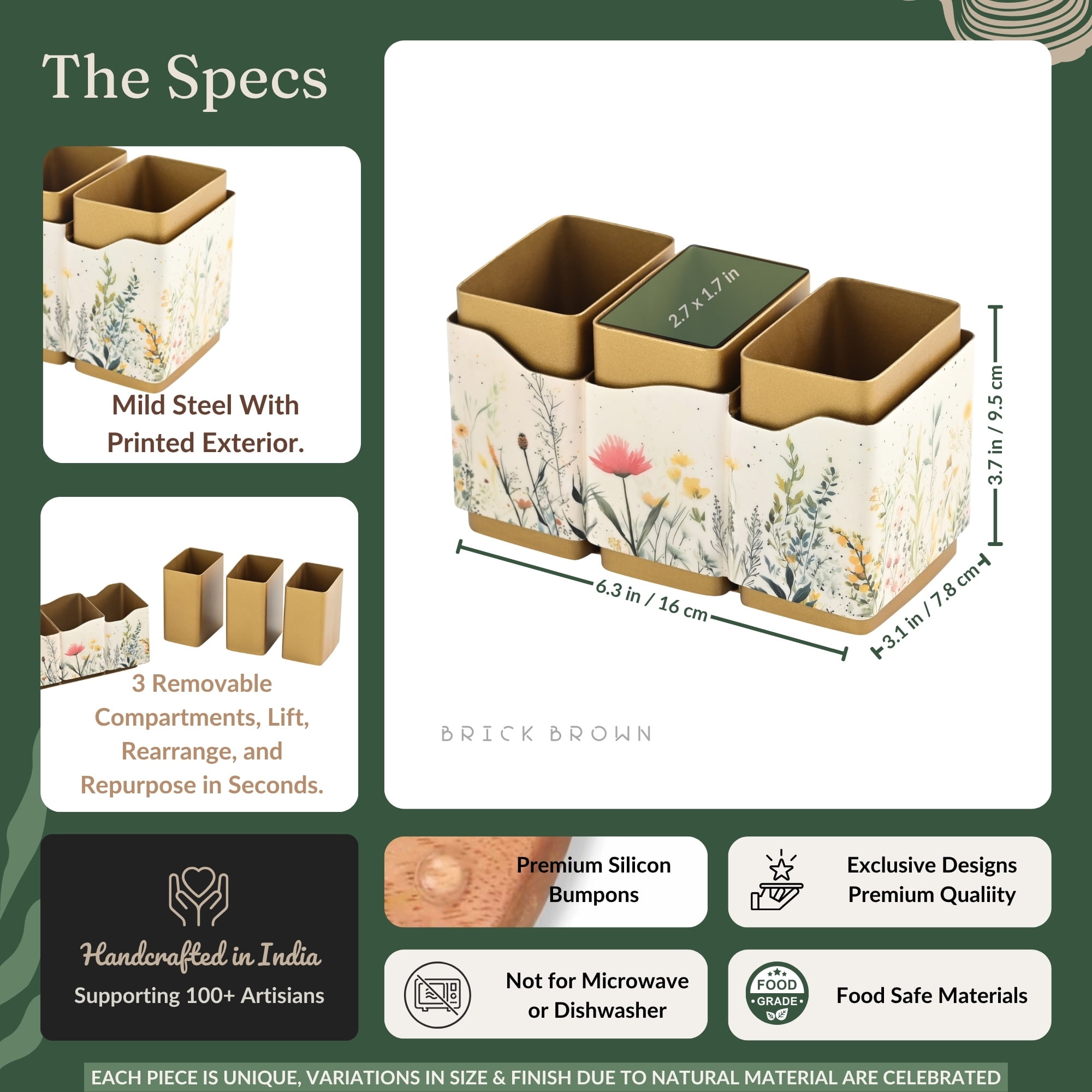 Brick Brown® Premium Metal Triflora Cutlery Holder – Spoon Stand for Kitchen | Spoon Holder for Dining Table | Wooden Caddy Storage Organizer | Stand Caddy Holder for Kitchen Utensils (6.3x8x9.5in)