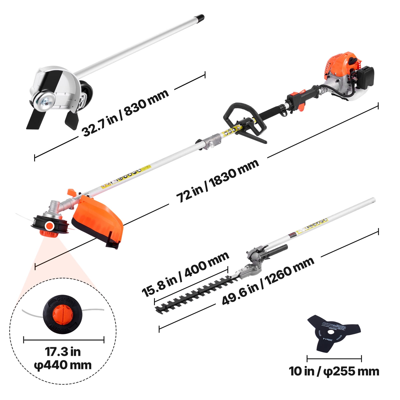 KFFKFF Gas-Powered Hedge Trimmer, 2-Cycle Handheld Tool, 4-in-1 26cc Multi-Function Trimmer with Safety Gear, Includes Hedge Trimmer, String Trimmer, Edger, and Brush Cutter for Shrubs and Bushes