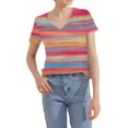 thumbnail image 4 of Summer Tops for Women V Neck Striped T Shirts Colorblock Trendy Casual Short Sleeve Base Graphic Tees Plus Size (M, Hot Pink), 4 of 7