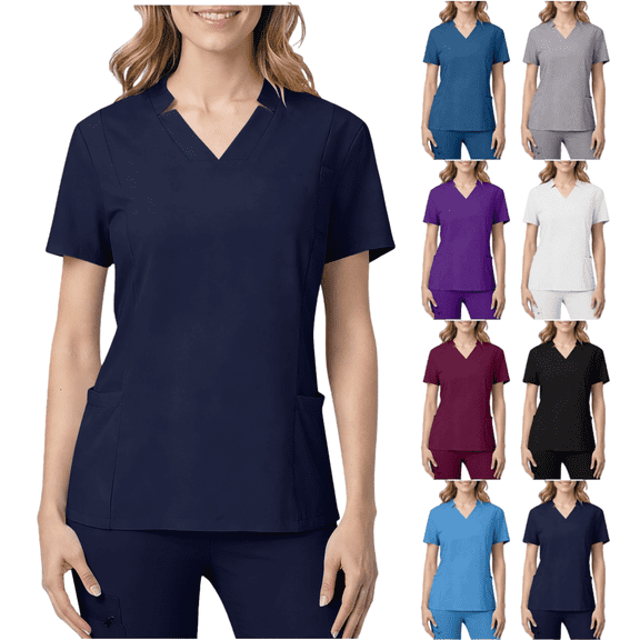 Maqroz Scrubs Tops for Women V Neck Short Sleeve Shirt Soft Comfortable Breathable Lightweight Care Worker Uniform Solid Professional Care Worker Scrubs Top with Pockets