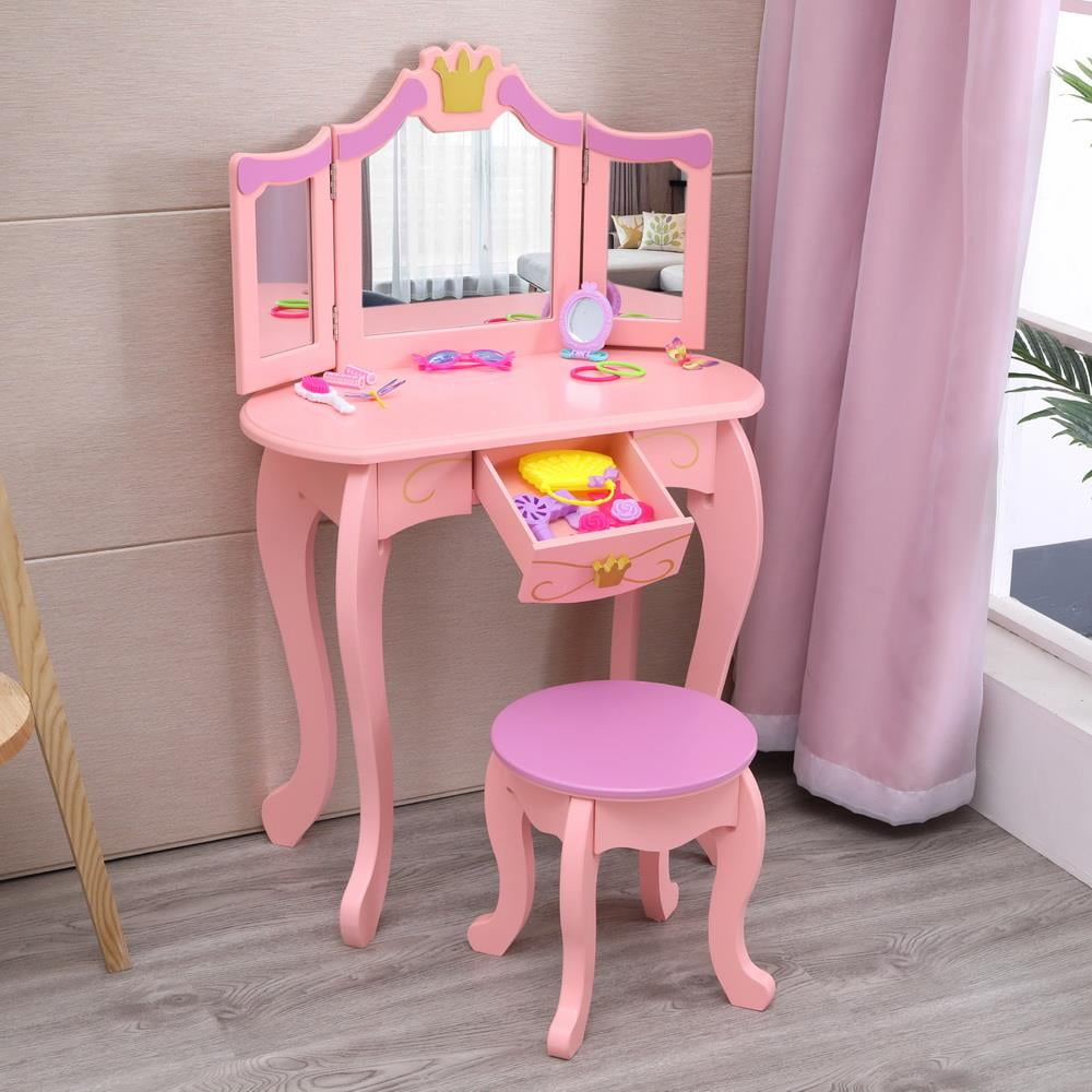Wood Makeup Vanity Table and Stool Set Makeup Dressing Table Set with Mirror /& Drawer for Girls Goujxcy Kids Vanity Set