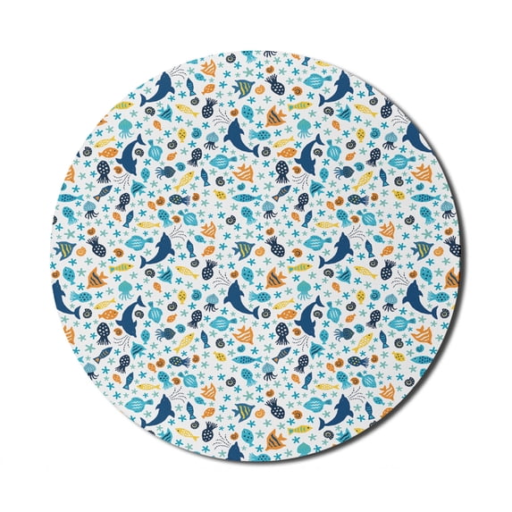 Fish Mouse Pad for Computers, Dolphin Starfish Jellyfish Sea Shells on Plain Backdrop Illustration, Round Non-Slip Thick Rubber Modern Gaming Mousepad, 8" Round, Dark Sky Blue Marigold, by Ambesonne