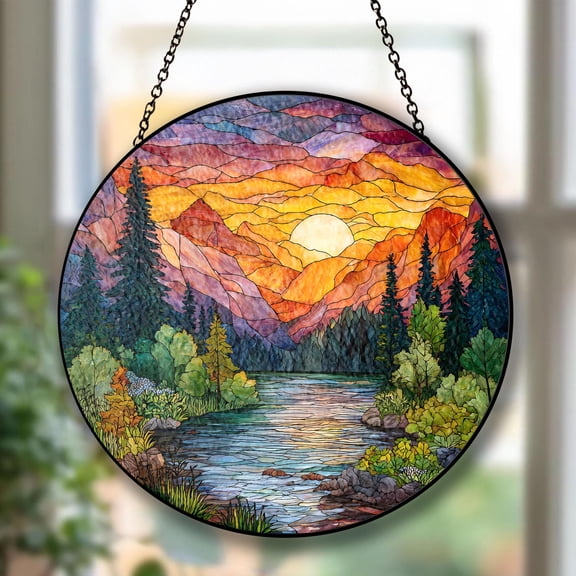 Mountain River Landscape Stained Glass Suncatcher, Pine Forest Window Hanging, Nature Scenery Art, Outdoor Lover Gift