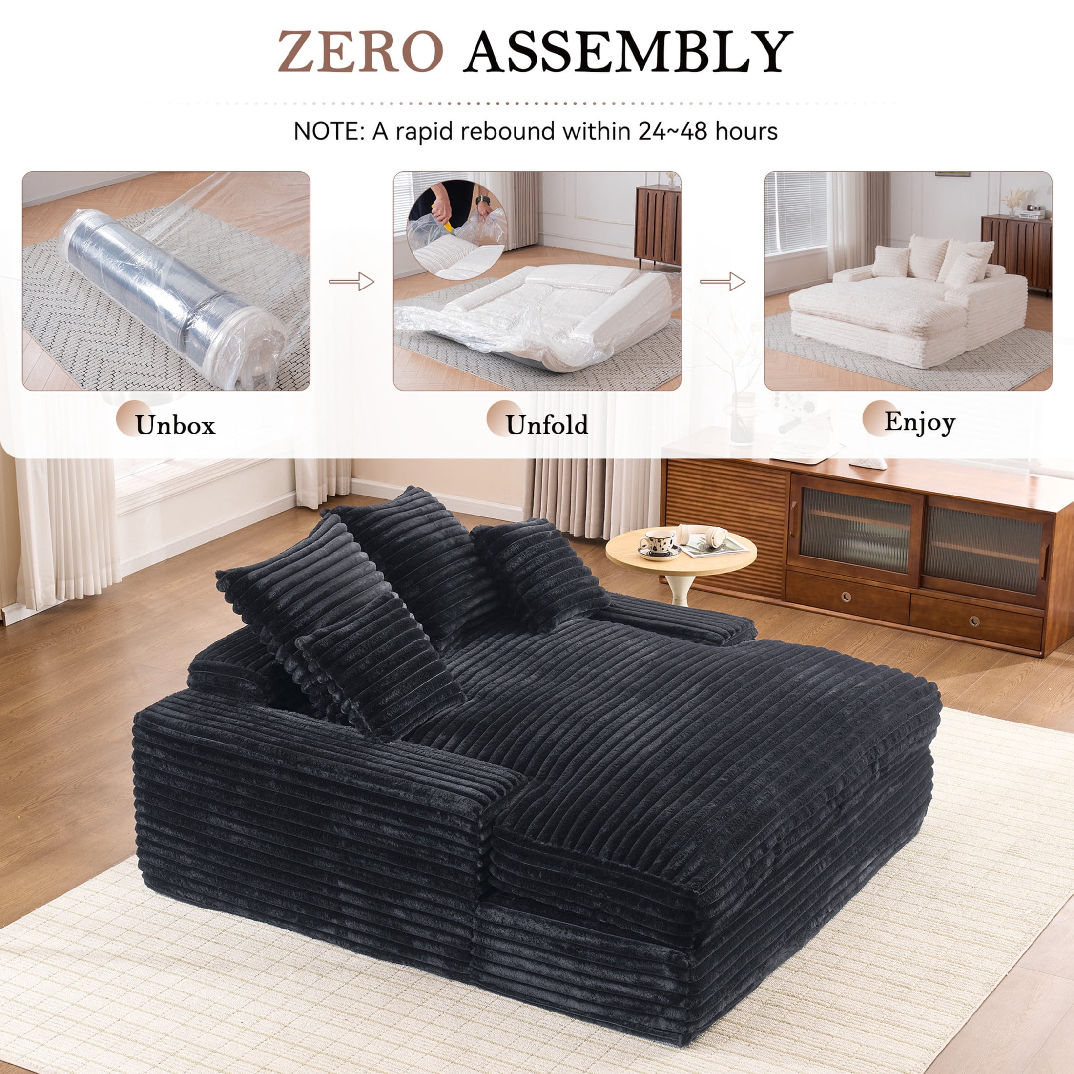 Noble House Heliox 68" Oversized Chaise Lounge Chair, Plush Corduroy Sleeper Sofa Bed with Removable Pillows, Gray